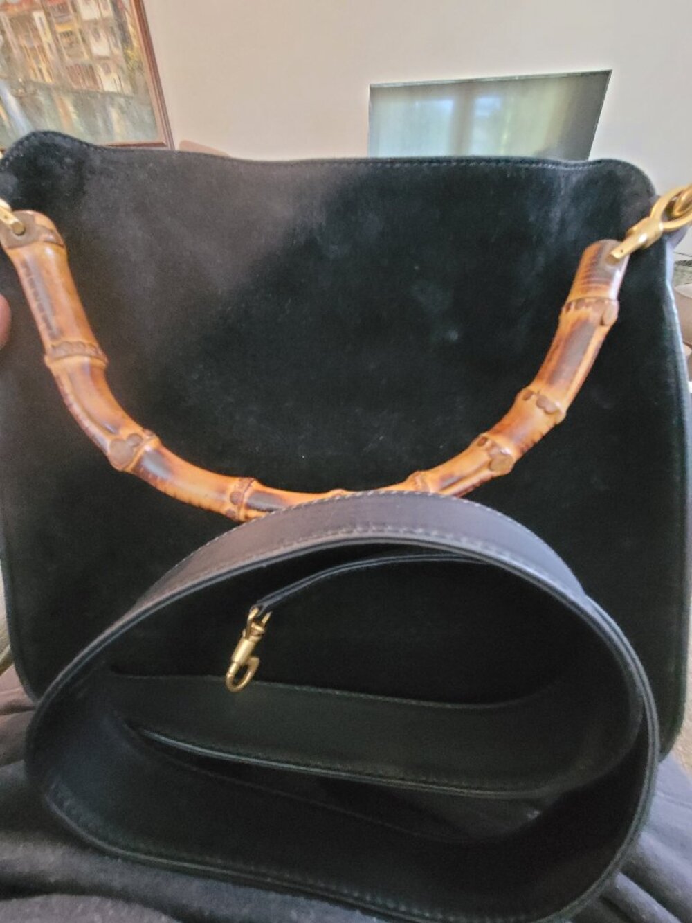 Vintage Gucci Suede bag with bamboo handle and shoulder Strap